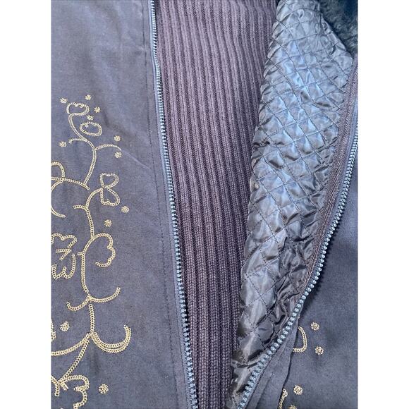 Avon Women's Brown‎ Embroidery Rib Faux Fur Suede Knit Zip Sweater Jacket Sz 2X - Picture 9 of 10